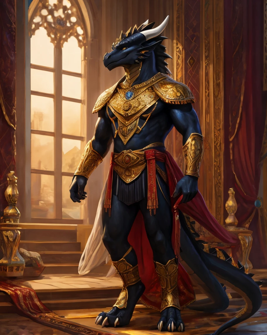 solo ((dragon male)) with ((highly defined musculature)) and (black scales) and ((clear ruby red eyes)),
((half-length portrait)), ((wear tattered loincloth)),
BREAK
((standing near a stone brick barracks in a medieval city)),
(detailed background, depth of field, half body shadow, sunlight, ambient light on the body),
(intricate:1.1), (high detail:1.2), (soft focus), [explicit content, questionable content], (masterpiece, best quality, 4k, 2k, shaded, absurd res)