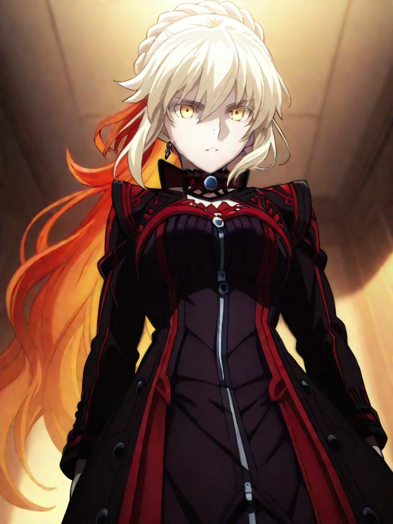 A woman in a red uniform, scarlet eyes, unbuttoned shirt revealing black lingerie and deep cleavage, smiling with vampire fangs, seductive pose, 8k, photorealistic, high quality, chiaroscuro lighting, cinematic, dark moody atmosphere, dramatic shadows, supernatural, gothic, erotic