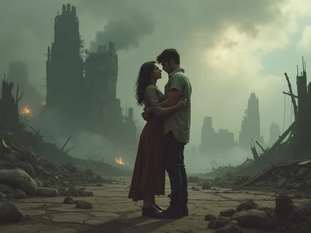The Destroyed World. A couple of guy and girl hugging in torn clothes watching the end of the world. The environment is dark. A frightening sight. 