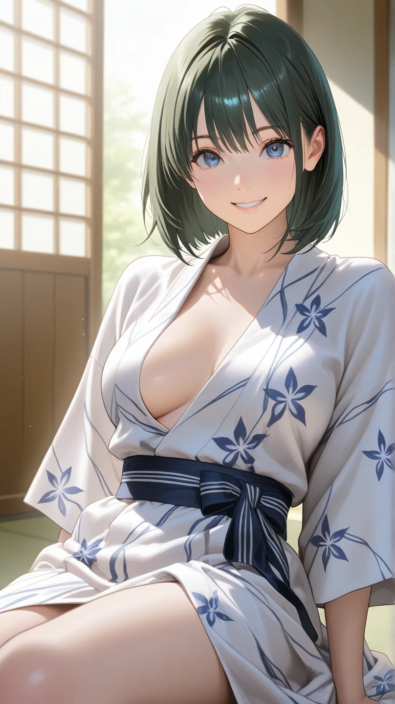 (score_9,score_8_up,score_7_up,score_6_up),masterpiece,best quality, source anime, rating_explicit, (((masterpiece))), (((best quality))), ((ultra-detailed)), ((illustration)), (1girl), (beautiful Japanese woman), (long black hair), (blue eyes), (simple background), (wearing traditional kimono), (detailed face), (perfect anatomy), (detailed light and shadow), (serene expression), (minimalist style),(cleavage:1.1),((shy smile)), (eyeshadow:0.8), digital collaring, (Sun glare;1.2), Bokeh, Depth of written boundary, Blurred Background, Particles of light, Strong winds, glossy skin, spotlight, natural right, (iridescent light:1.5)