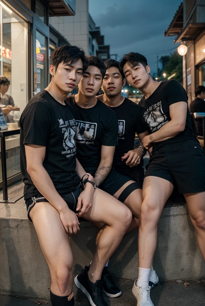 2 handsome guys, 25 years old, Asian, master works, best picture quality, higher quality, high detail, super high resolution, 8k resolution, delicate facial features, boys, big muscles, tattoos, glowing eyes, short hair, hair details, upper body , [[look away, look to the side, emphasize homosexuality and pay attention to every detail , gym, white rubber pants, ((((crotch bulge))))) fitness equipment background