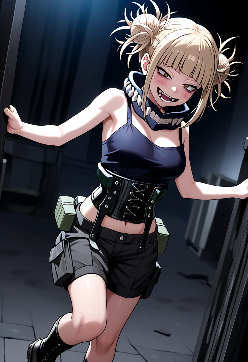 masterpiece, best quality, official art, extremely detailed CG unity 8k wallpaper, beautuful eyes, blue eyes, sign around neck tied_wrist, arms up, torn dress, sport top, dark blue sport top, shorts, dark blue shorts, tigh highs, dark blue tigh highs, metal collar, kneeling, stage, market, nervous, 1girl, nanakusa nazuna, sign, selling