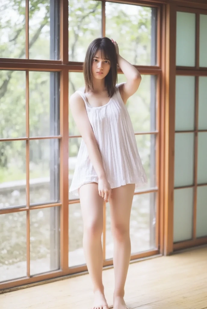 Open shirt, (((Leaning forward))), ((,Round face, Around 17 years old,mini skirt、A loose-fitting tank top)), Long Hair, , Natural Makeup, Lips become thicker, Sexy Gaze, barefoot, ((Raise one leg)), Shooting from below,Gentle expression ,((Extremely precise and accurate anatomy)), (masterpiece:1.43), Perfect proportions, Realistic photos, Full Shot, whole body,