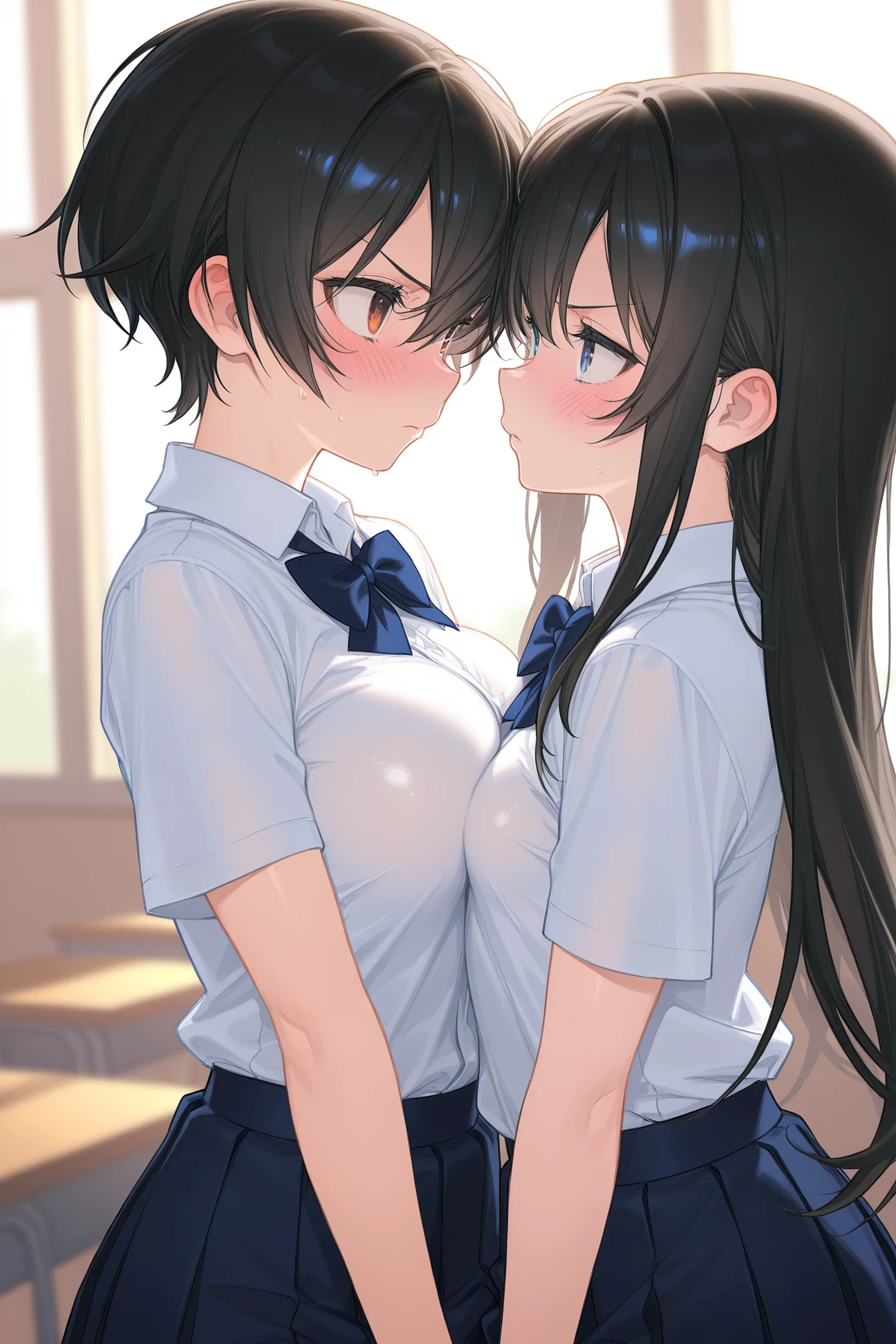 NSFW Tohsaka Rin, Aqua Eye, (Black Hair:1.5), hair ribbon, Long Hair, ribbon, Side Lock, Both sides up, (Parted bangs:1.5), break, Collared shirt, classroom, break looking at viewer, (Cowboy Shot:1.5) break (masterpiece:1.2), Highest quality, High resolution, unity 8k wallpaper, (figure:0.8), (Beautiful attention to detail:1.6), Highly detailed face, Perfect lighting, Highly detailed CG, (Perfect hands, Perfect Anatomy), Sit on a chair Cute white panties Spread your legs Spread your legs blush depressed Face distorted by pleasure Resisting Pleasure Blushing cheeks wet Nipples licked Overflowing body fluids Spurting body fluids ((Lean back)) (((Ecstasy)))++ Completely naked topless