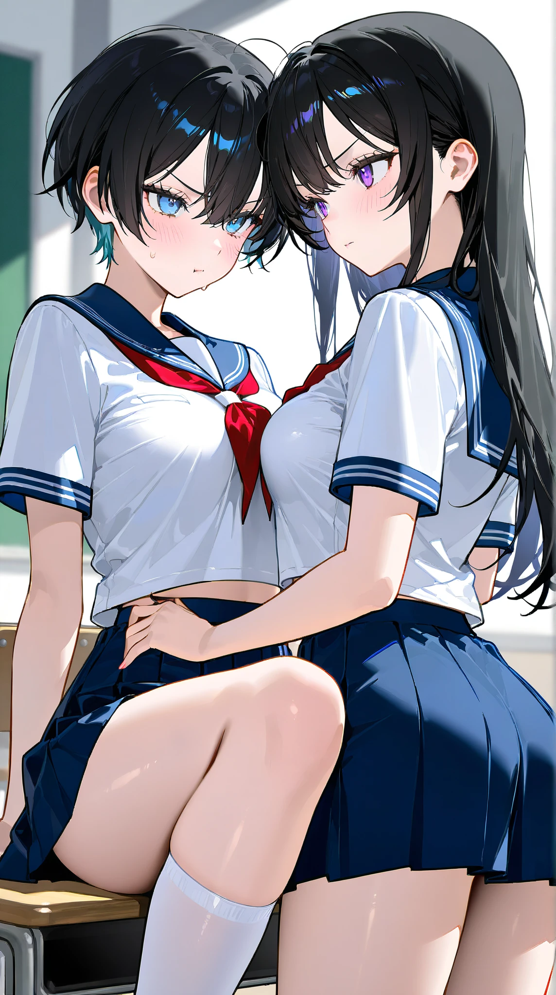 (Cute eyes:1.2), (classroom:1.2),(Beautiful Eyes:1.2), Highest quality,wonderful,finely,Highly detailed CG Unity 8k wallpaper, (Hug from behind:1.5),(Put your hand in the skirt:1.3),(sexual harassment:1.2),(kiss:1.3),(Two people with height difference:1.5), (Two Girls, Sailor suit, Skinny body, Dressed), (Huge breasts), (Open your mouth:1.1),(White knee socks:1.3),(Thighs:1.3),(Waistline:1.2),(お揃いのSailor suit:1.2),(From behind:1.2),(Beautiful eyes:1.2),(Different hairstyle),(They both have different eye colors:1.5),(They both have different skin colors:1.5),(Thighsまで隠れるニーソックス:1.2),(Very short skirt:1.3),(Arms don&#39;t stick together:1.2)