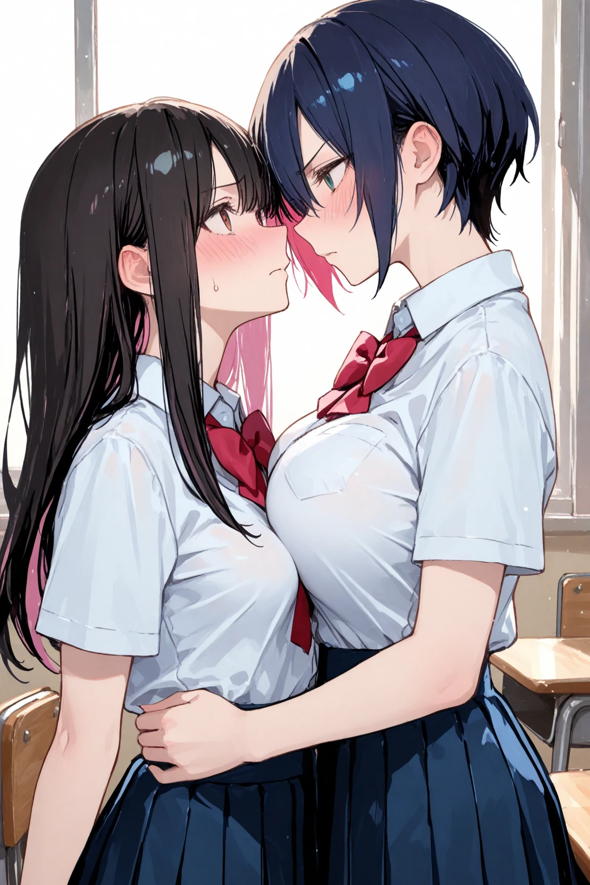 (​masterpiece:1.4)、(1male people:1.9)、1girl、(man whispers to girl:1.9),(A man is touching girl's crotch:1.9)、student clothes、a closeup、on the train、man touching the crotch of girl、(Cute 14-year-old girl with semi-long hair and 50-year-old man with short hair),obscenity:1,2、Metamorphosis:1,2、NSFW:1,2、caress:1,2、Wrinkles between the eyebrows、Touching each other's crotches、red blush,red tie,junior high ,wite blouse,Dark blue pleated skirt、tre anatomically correct,(skinny:1.0),