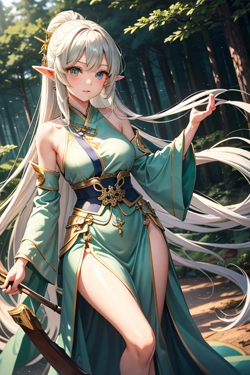 (Absurd, High resolution, Super detailed), (One girl:1.3), Gray Hair,Elf、sexy、Arabian dancer in white costume、Gold Accessories、Green Eyes、whole body、Gaze, Bangs, Hime cut, crown,