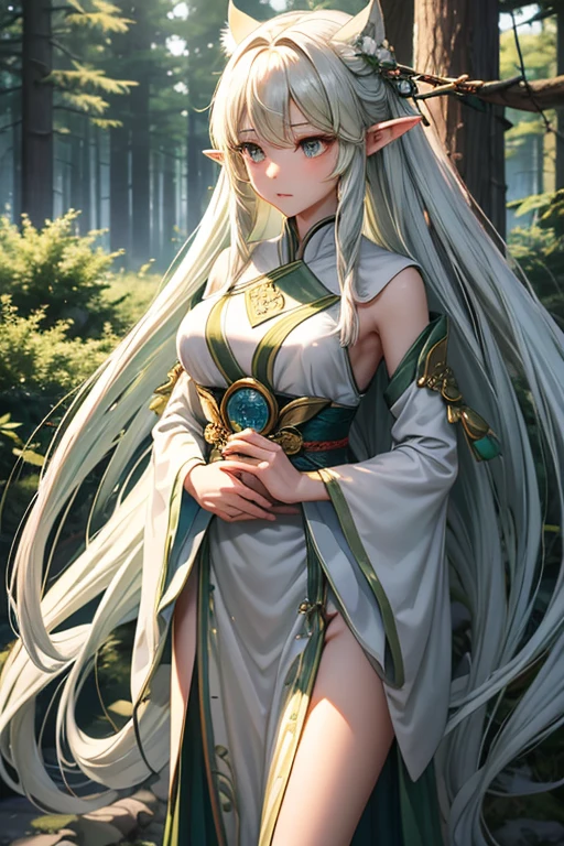 "Create a digital anime style illustration of a beautiful forest goddess。, Flowing white hair. She should wear a detailed all-over white dress decorated with leaf and floral patterns., Perfect for a fantasy theme. The design should expose less skin, Especially around the chest and shoulders, Use additional fabric or natural elements such as leaves and vines to cover. Characters should have an elegant and mature appearance, Look Around 2, With expressive eyes and a calm expression. The background is rich, A mysterious forest woven with soft light and shining plants, Enhance the mystical atmosphere."