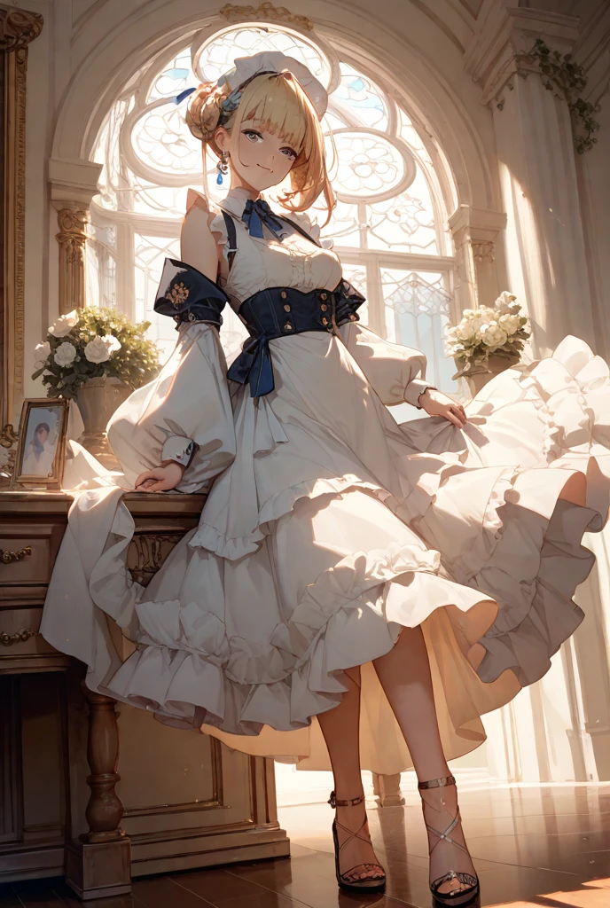 uekura, One girl, Blonde, White Background, Have, dress, Blue footwear, wing, Simple Background, sign, flower, Manicure, Wide sleeves, Long sleeve, blush, animal, white flower, alone, whole body, bird, View your viewers, High heels, Put your hand on your cheek, put your hand on your face, Frills, bow, bangs, ribbon, Bell, Blue hat, +_+, shoes下, short hair, Grey Eyes, shoes, Blue Claws, feathered wing, blue bow