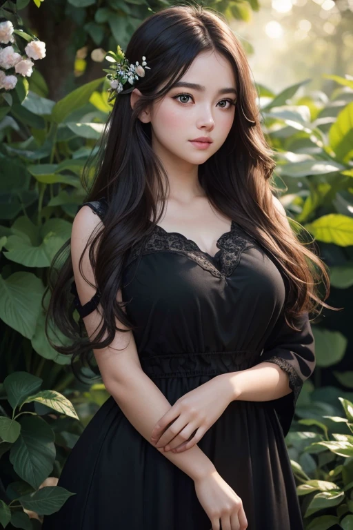 (ultra realistic) , (illustration), (increase resolution), (8K), (extremely detailed), (best illustration), (beautiful detailed eyes), (best quality), (ultra-detailed), (masterpiece), (wallpaper), (detailed face), 1 girl, black straight hair, slender body, delicate details, in the dark, deep shadow, low key, pureerosfaceace_v1, happy smile, summer dress, waterfall, rainforest