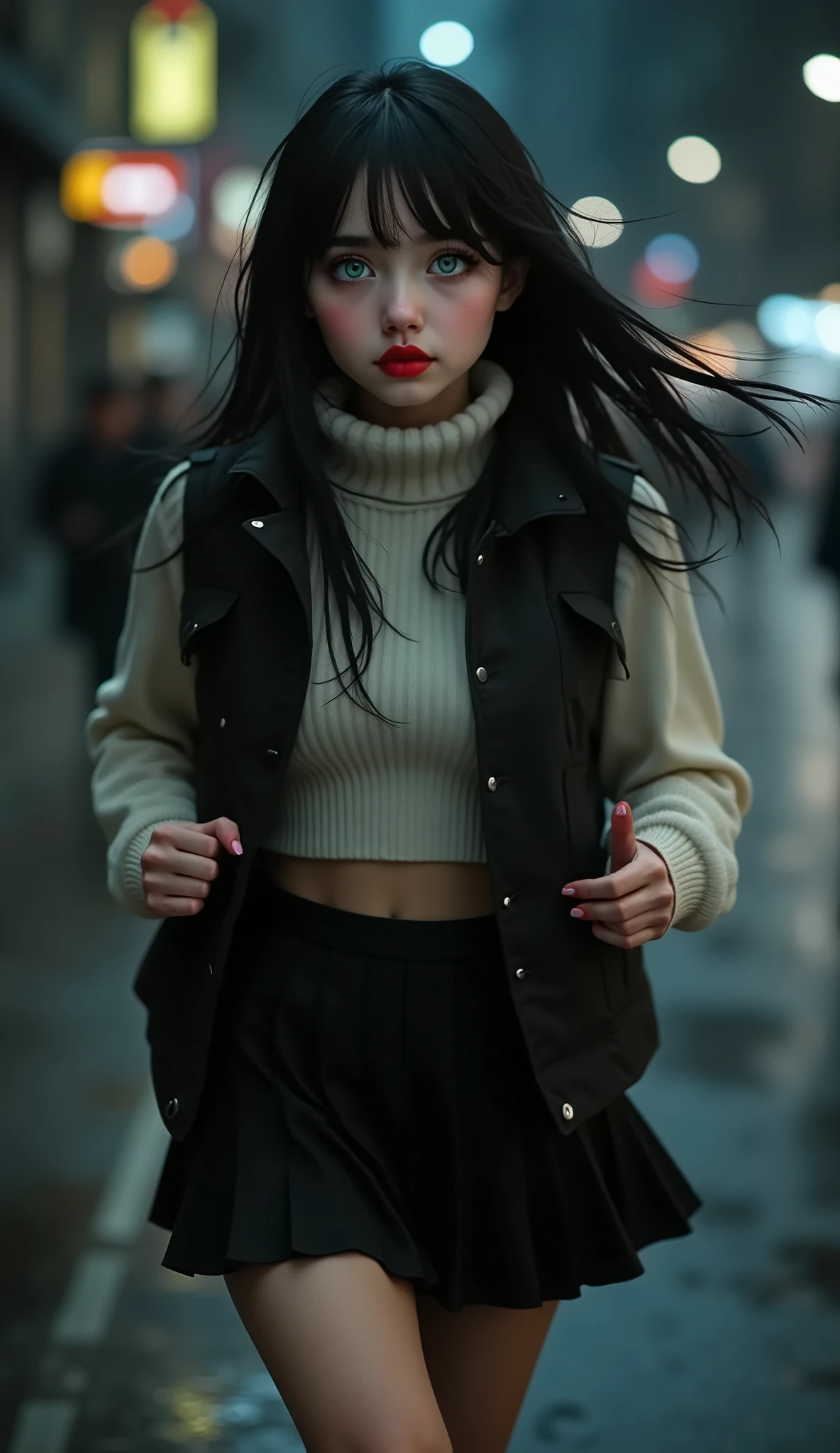 ((RAW Photo), Absurds, (Absurd Resolution)), (Masterpiece, Best Quality), ((Hyperrealism, Photorealistic)), (AI Fantasy), (masterpiece, highest quality, amazing quality), (realistic pupil, deep green eyes), (beautiful girl, 18 years old), (black hair), makeup, red lips, (pleated skirt, sweater, vest), (running down a wet street, rain), (background: main avenue route, night), perfect lighting, (From below). «SunPuma S»