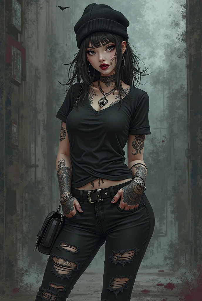 An emo teenager stands solo in the stillness of a dark night street, her black tousled hair cascading down her shoulders, heavy black makeup enhancing her features – rimmed eyes, bold lip, and contoured cheekbones. Her attire matches the ambiance with a black T-shirt bearing contrasting white inscriptions. Piercings glint in her ears, and intricate tattoos adorn her exposed arms. A collar circles her neck, adding to the overall theatrical appearance.
Her hands, marred with self-inflicted cut marks, drip blood down her forearms. A gloomy atmosphere surrounds her, punctuated by the occasional streetlight casting soft, dim light onto