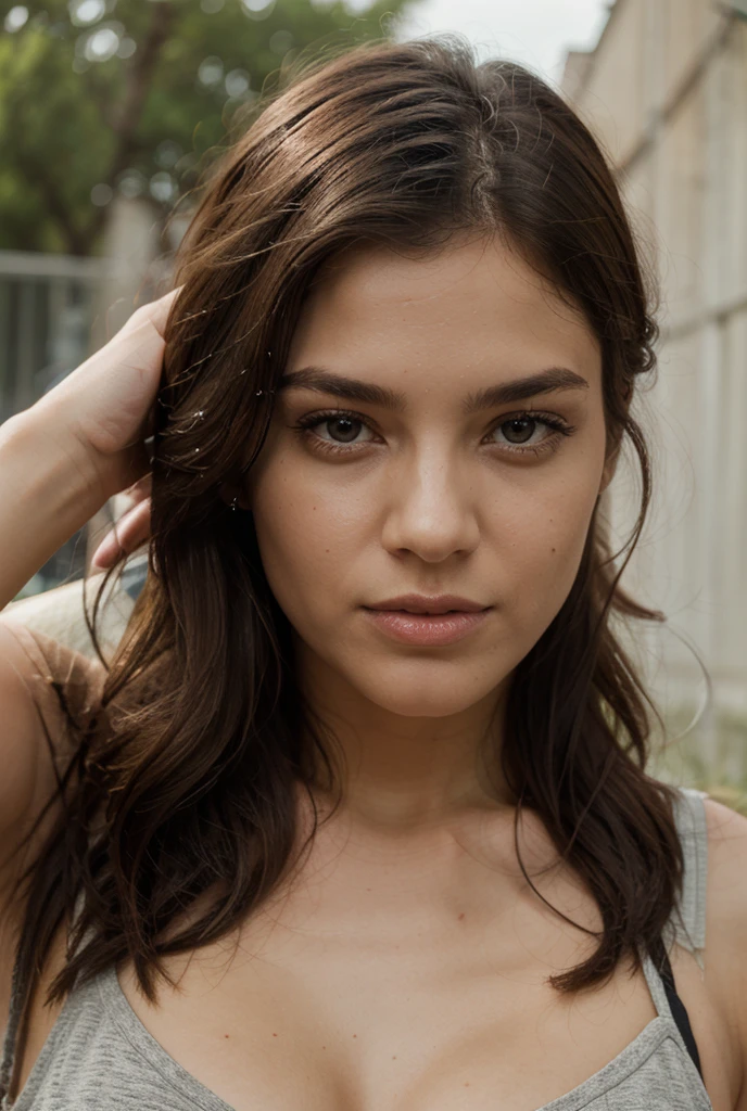 Best quality, art, ultra haute résolution, (photorealistic: 1.4), Photo brute, ((Femme)), ((sensual Latina Femme)), ((peau sombre)) ((Cheveux courts)), (( cheveux bruns)), ((yeux verts)), detailed eyes and face, porter une jupe rouge, Jupe courte, montrant une culotte, (detailed body), avec un beau sourire, to the beach