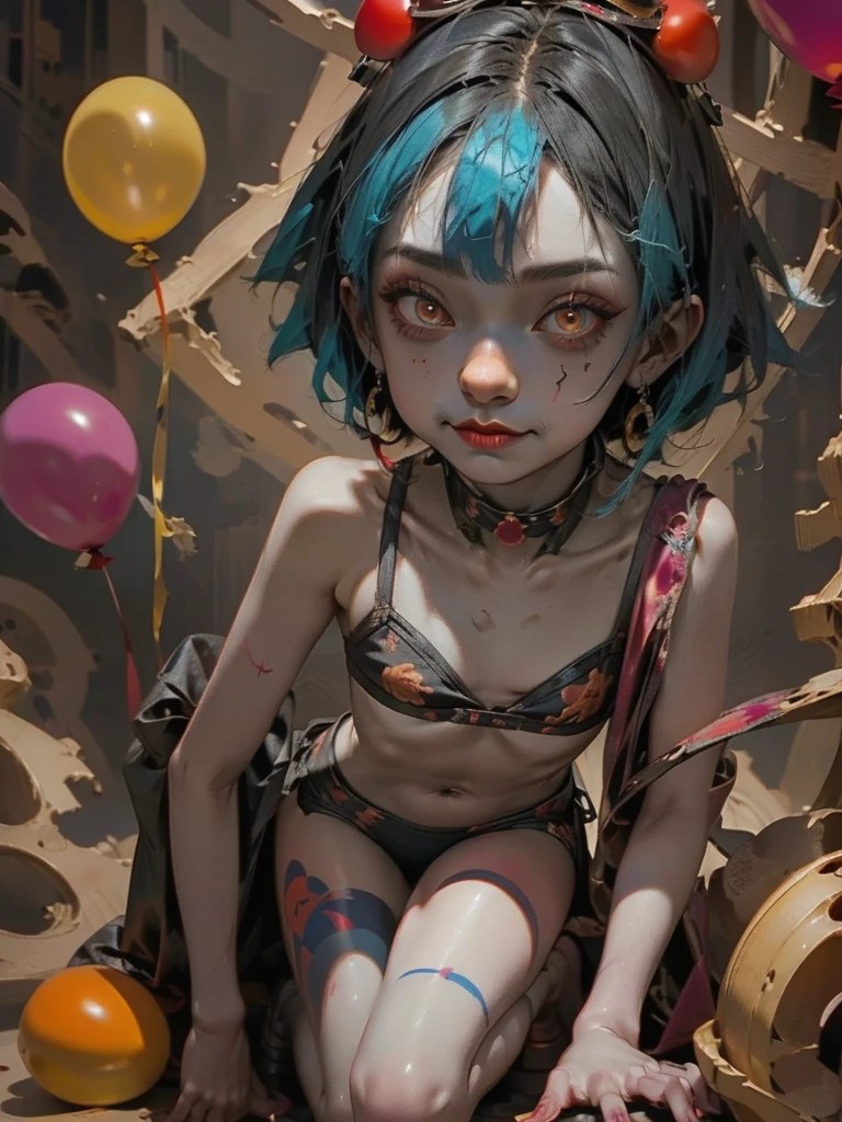 A clown with blue hair and red clown make-up、Surrounded by red balloons, Cute Core Crown Core, 不気味なClown Girl, Scary Clown, Clown Girl, Detailed painting 4k, Portrait Deathclown, Artstation Contest Winner, Goth Clown Girl, deviantart artstation cgscosiety, cgsociety contest winner!!, cgsociety contest winner!!!, y 2 k Cute Core Crown Core,whole body