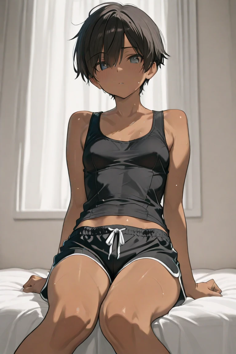 ((Face focus2.0)),the bed room,lying on the bed,One girl,(dark skin color),short black hair,sweat,seductive smile,sports bra,panty.