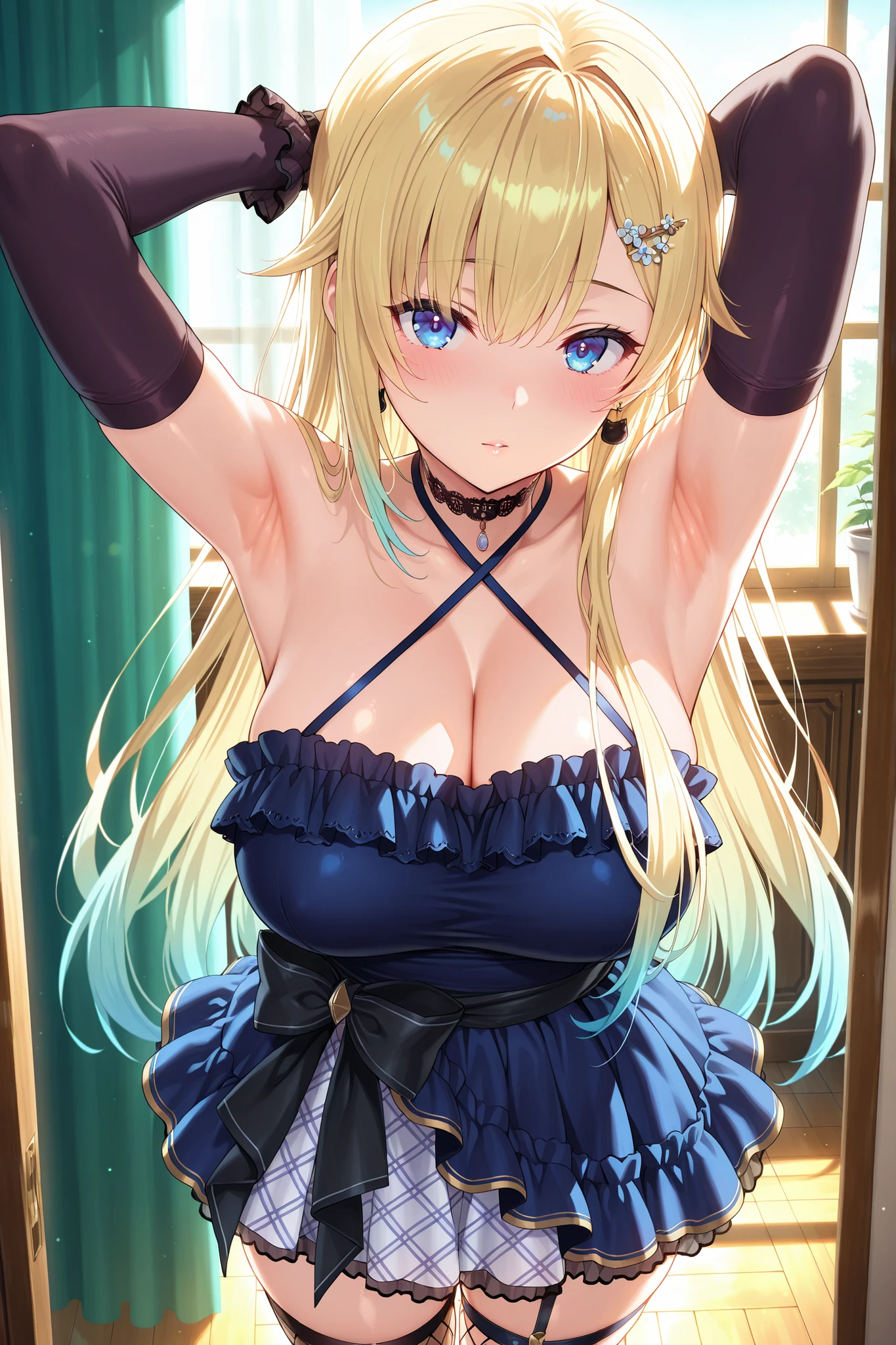 solo,masterpiece,best quality, amazing quality, highres, absurdres, very aesthetic, high resolution, ultra detailed, perfect details,EmaDefault, long hair, hair ornament, cat earrings, choker, strapless layered dress, criss-cross halter,waist bow, gloves, single fishnet thighhigh, thigh strap,,(masterpiece, detailed:1.2),looking at viewer,blonde hair,anime screencap,mature female,arms behind head,armpit focus