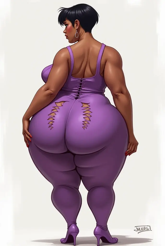 (half-body-shot (back shot):1.3),(Detailed face:1.2), 1girl, alone, Latina, plus sized milf, mature female, (dark-skinned female:1.5), long black hair with purple highlights, (Wearing: black tank-top, shiny purple leggings, sneakers:1.2), looking from behind, wide smile, joyful expression, teeth, sexy, very beautiful face, Curvy, wide load butt, hands on hips