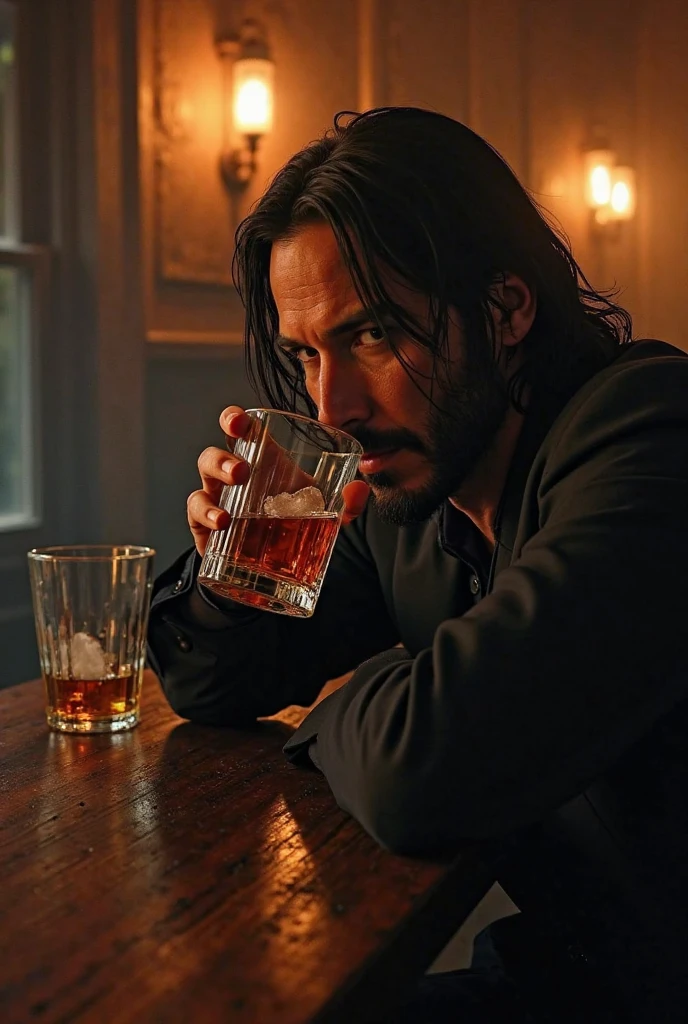 Tonalism, Conceptual art, high detail, chiaroscuro, cinematic lighting, UHD, retina, masterpiece Iced Bourbon advertisement, John Wick drink Bourbon in The Continental Hotel