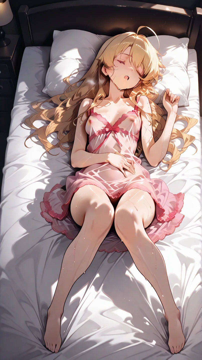 masterpiece, highest quality, High resolution,Follow the prompts、Anime Style、Sleeping Princess、Pink Dress、Blonde long hair beauty、sleeping face