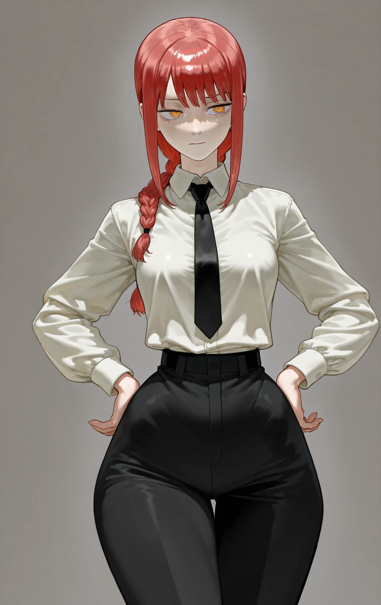 High quality, 1 girl, makima ((makima)) from chainsaw man, big hips, dressed in cout, She She is annoyed, sharp look of disapproval