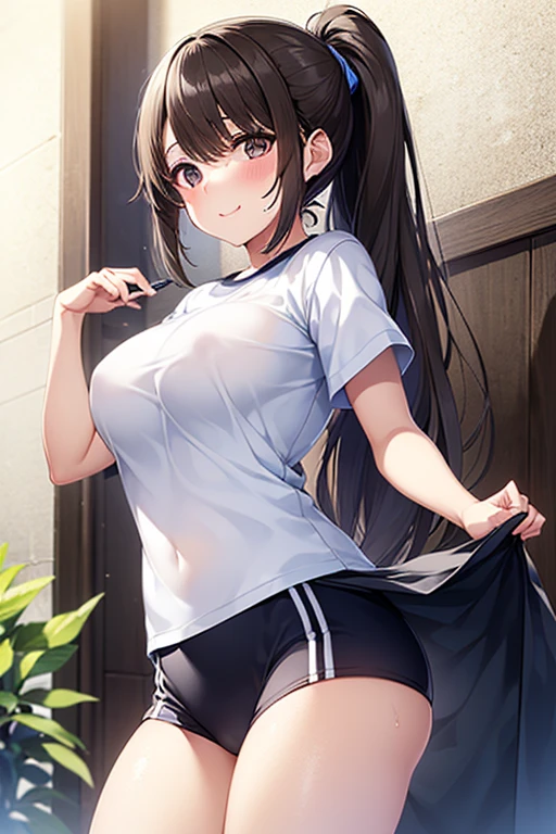 (Disorganized、masterpiece、High resolution、Very beautiful girl、Highly detailed face and eyes:1)、(cute:1.4)、Light effects、1 girl、solo、Droopy eyes、Big Breasts、、:d、avert your eyes、Bloomers、Gym suit、Sweat、See-through、Outdoor、playground、summer、Side Tail、Spread your legs