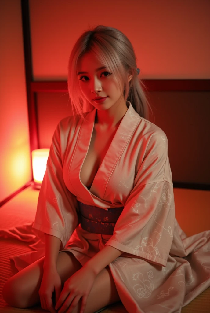 18 year old girl:1.5, just out of the bath:1.5,lying face down on the futon:2,A white yukata is draped over a prone body as a comforter.:1.75，The yukata obi is not attached.:1.95,Inside the inn room:1.2, very dim lighting:1.2，medium long hair, All hair color is white:1.75, wavy wet hair，It has big white cat ears on its head.,dark eyebrows，Face red with embarrassment:1.5,slender physique，medium breasts，thin waist，big ass, thin thighs, thin ankles，Super high quality，Detailed depiction,4K, Raw photo, open leg