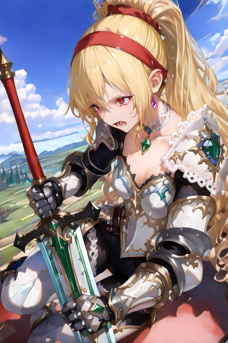 Cleavage、tits、scared, organs,、hands up, elbows on table, face palm、breasts close up, 1 girl, blonde, yellow-green eyes, ((hair over one eye)), one eye closed , (((wavy hair))), bun_head, medium hair, (((white bikini armor))), closed mouth, fang, glaring, ((disdain)), ((punching)), angry