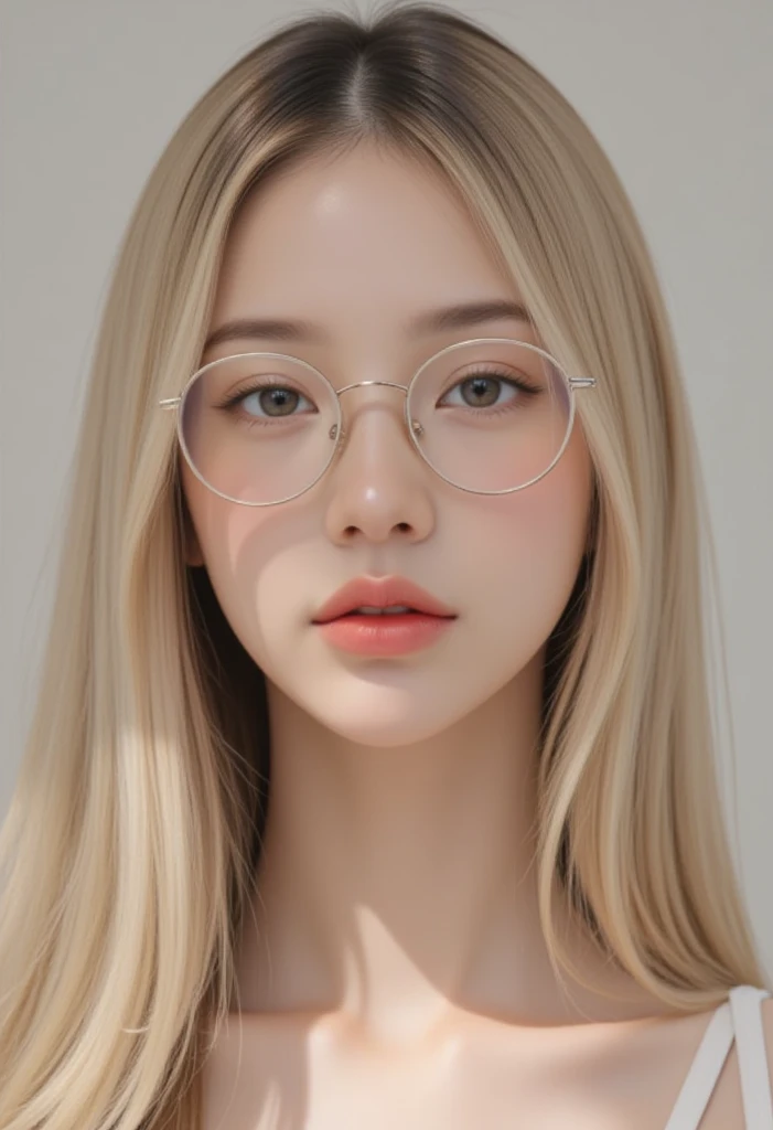 (realistic、masterpiece、Best Quality、8K、highres、white background, high resolution:1.3)、1 chubby glasses girl:1.3)、smile, ((very very gigantic sagging breasts:1.3))、looking at viewers, naked:1.2、pale white skin、very blond hair ,very pale skin, extremely pale blonde hair, ivory pale skin, very white skin, pale skin, very pale white skin, very pale white skin,white skin and pale porcelain, white and pale skin, fair and pale skin!!,  long blonde hair, looking at viewers、super fine face and eyes、long blonde hair、 ((full breasts:1.3)), indoor、 upper body、