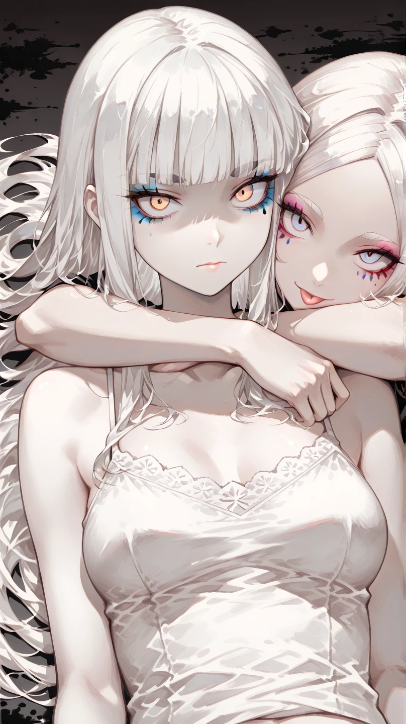 nafw,(2 girls:1.3),(duo),breast,absurdres,best quality,very aesthetic,absurdres,bra,(light silver White hair),太もも,(purple bra),(straight-on),long hair
