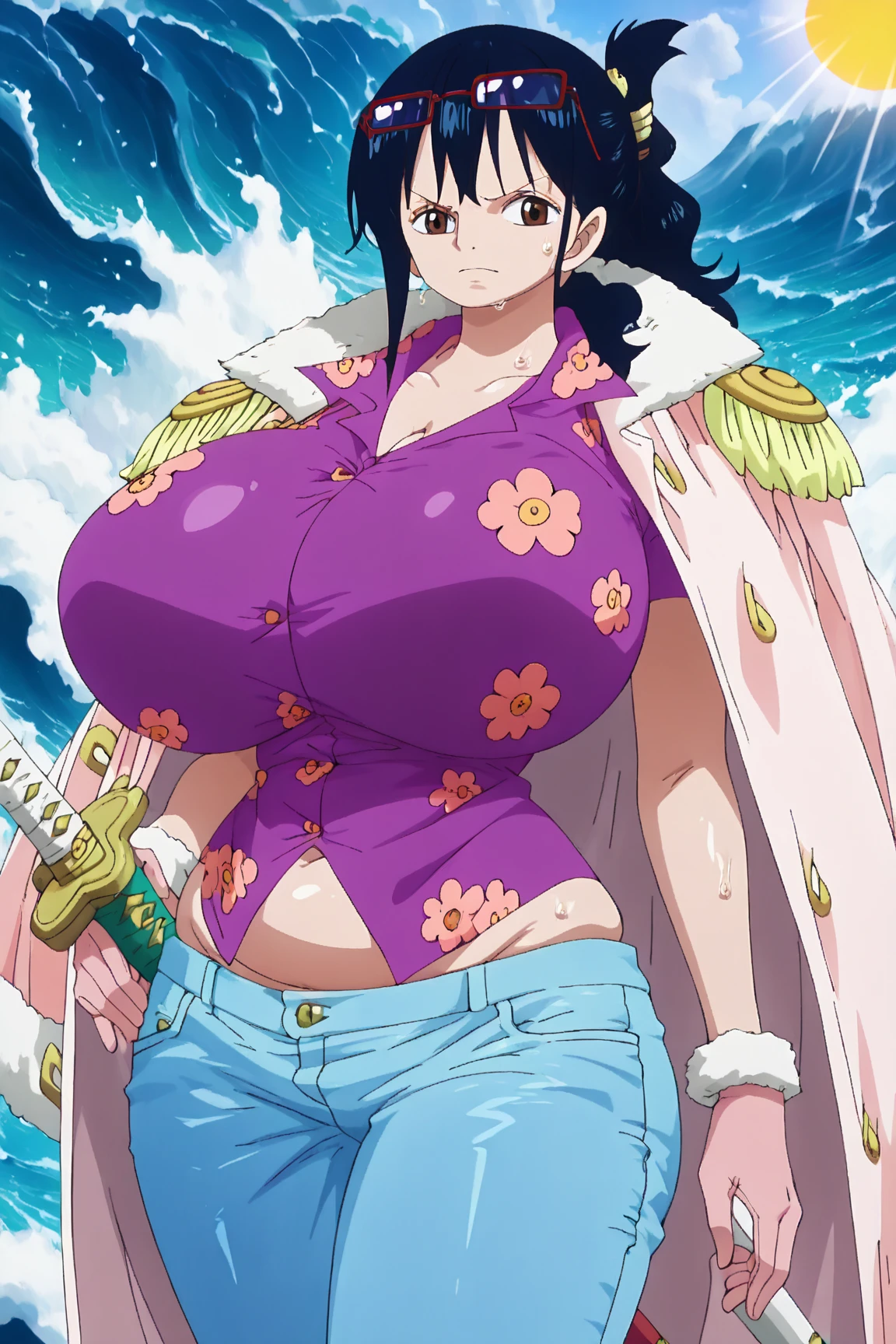 Anime style Hancock one piece on the beach hot weather big ass and big breast blue sky bright colors serious expression