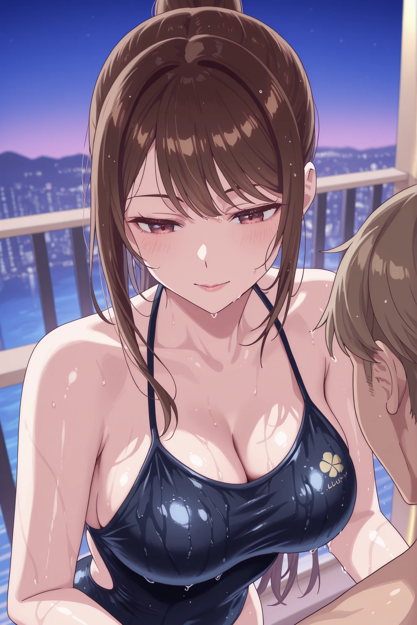 最high quality, 8k, High resolution, high quality, masterpiece, beautiful, (Anatomically correct:1.2), 40s, A beautiful woman, Silky brown, Low Pony Hair, Grey Eyes, Beautiful Skin, Attractive person, Soft looking super breasts, Short stature and glamorous figure, Red extreme micro bikini, Night Beach, naughty face, grabbing another’s breast, 1boy