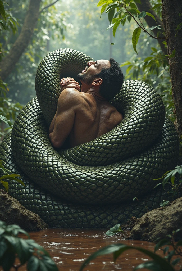 A man without a beard,  semi-naked covered with leaves, biting an apple surrounded by many trees and a large serpent coiling around him tempting him the serpent is looking into the man's eyes, in the garden of eden, in the darkness