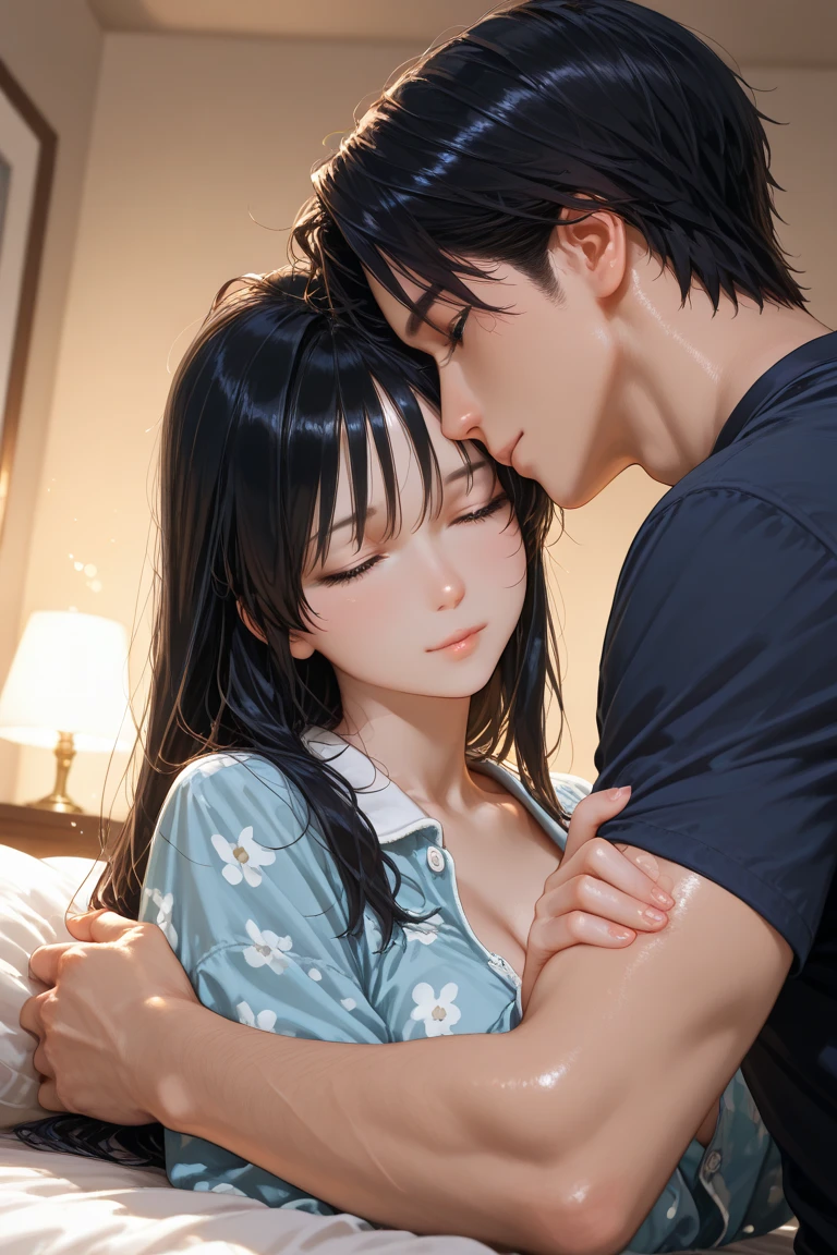 A man with purple eyes and white hair have tattoos having sex with a woman with red eyes and black hair nacked in bed,passionately