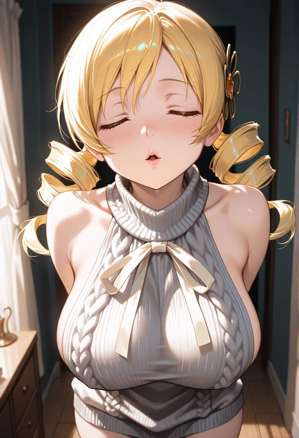 masutepiece, Best Quality,NSFW, 1girl in, Frontal shot of a girl,Looking at Viewer, Bridal Up Style Hairstyles,((Golden Silk Dress)), tiny chest,(small tits:1.3), Yellow eyes,  Behind Wallenstein,  Yellow hair, Long hair, Beautiful detailed eyes, detailed armpit,Detailed skin,embarrassed,is crying,Put your hands on your head,Armpit,  with arms up,Large Diamond Earrings ,Wet ,pointed Nipple, ((Expose nipple  :0.9)),((Close-up on the face:1.42)), Public toilet background, ((mistress, Authority))