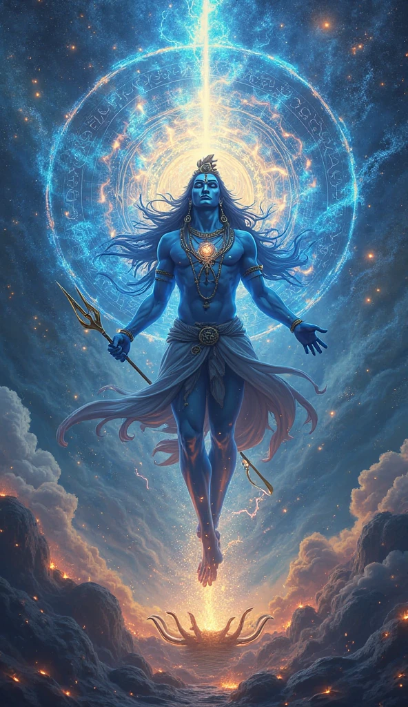 Vishnu in the Milky Way: Vishnu floating through the Milky Way galaxy, with his divine weapons orbiting around him, and stars forming patterns of divine symbols in the background.