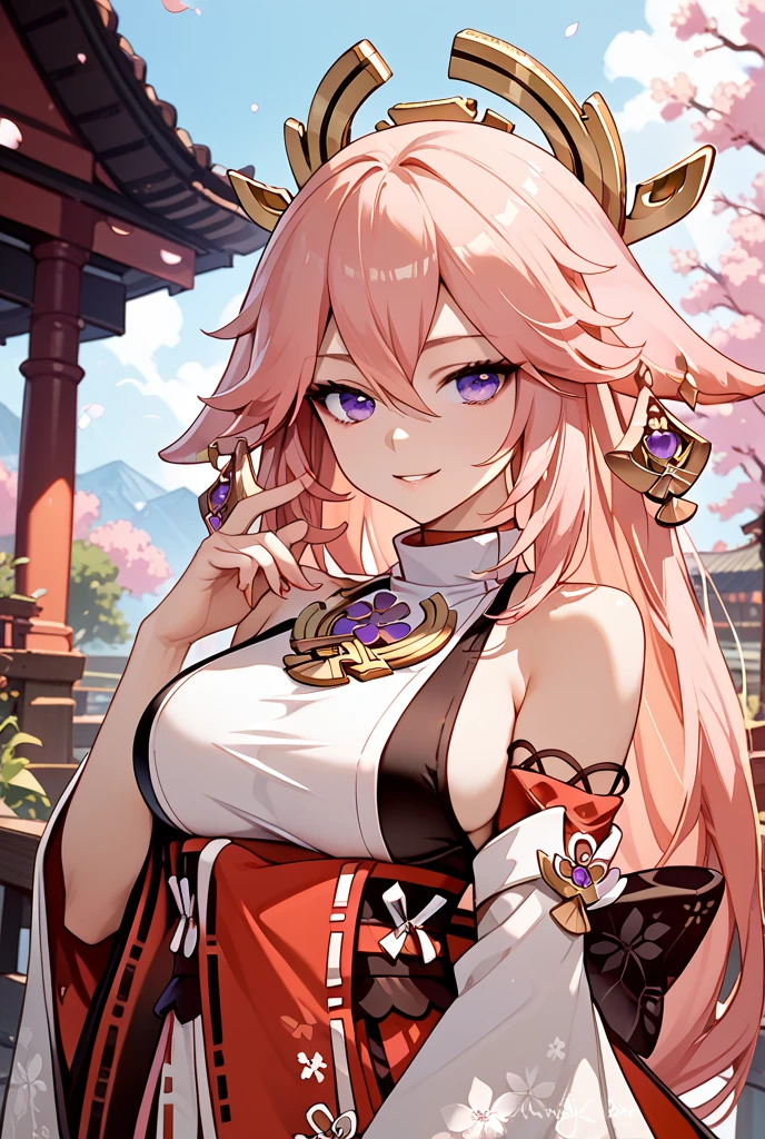 yae miko、hair ornament、japanese clothes、sideboob、detached sleeves、wide sleeves、jewelry、earrings、bare shoulders、(((best quality)), ((masterpiece)), (details), masterpiece, best quality, high quality, ulutra detailed, perfect face, Yae Shrine Maiden、Genshin Impact、Sidehiny Hair、Glowing Skin、smile、Priestess Costume、Background of a shrine with cherry blossoms in full bloom、torii、Holding inari sushi、bachong