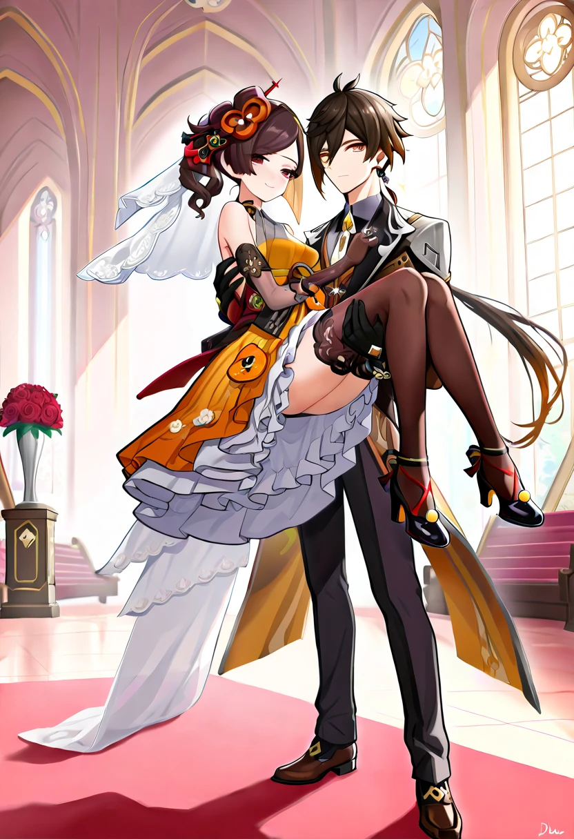 masterpiece, highest quality、Medium Wide Shot、((Men and women))、1. Female、1 Male、hug、Love love、smile、((Couple Pose 、 Bridal Carry、cradle carry、Side hugging、A man holds a woman sideways))、