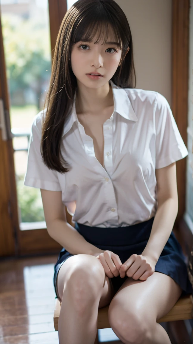 8K、Detailed Description、Very high definition、Realistic、reality的、Real、live-action、reality、High resolution、Nogizaka46、japanese idol,beautiful girl、21 years old、Side angle、profile、Mouth closed、ponytail、Knee-up-top angle of view、School、Window、Short sleeve shirt、Beige plaid skirt、Very black hair、pretty girl、Beauty、Glowing Skin、Glowing Skin、Shiny Hair、Very white skin、Heavy makeup、Large Breasts、Slit eyes、Big Eyes、Double eyelids、Don&#39;t show your teeth、smile、Side view angle、Only the eyes look at me
