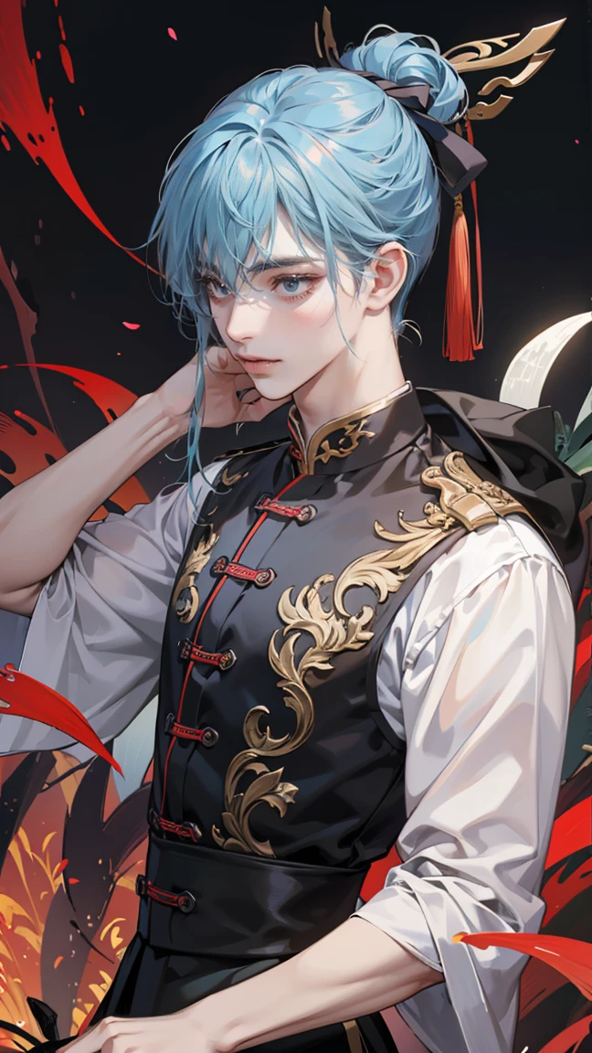Masterpiece, Best quality, 1 Tang Wu Tong, the expression is cold, strong, blue eyes, short hair, wolfcut hairstyle, smoky mix blue color hair, resolute eyes, red lips, simple Taoist Taoist uniform, Chinese mix morden, frontal photo, black or white background, simple background, anime, illustration, half body, Chinese style short-sleeved shirt, cool girl