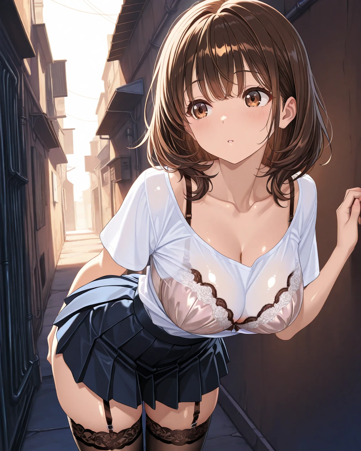 (White dress white、No sleeve、Armpit)、Big Breasts、独奏、Toned body、Bare thighs、(short hair、Brown Hair、Barrette、hair ornaments)、(Brown eyes:1.5)、(yuihirasawa、yui hirasawa、Yui Hirasawa)、(Panty shot、White panties、Panties transparent with sweat、Mansuji)、Big Breasts、In town、bustling street、独奏