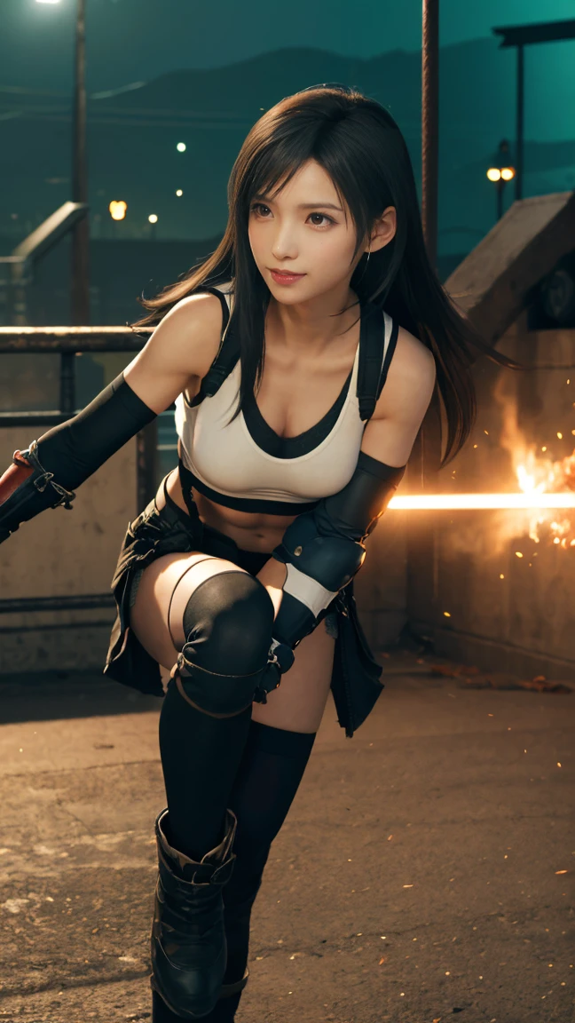 (best quality,ultra-detalhado),(Realistic:1.37),Tifa Lockhart, Rosto bonito e detalhado, maquiagem preta nos olhos, textura ultra realista, rosto delicado, corpo delicado, expression serious