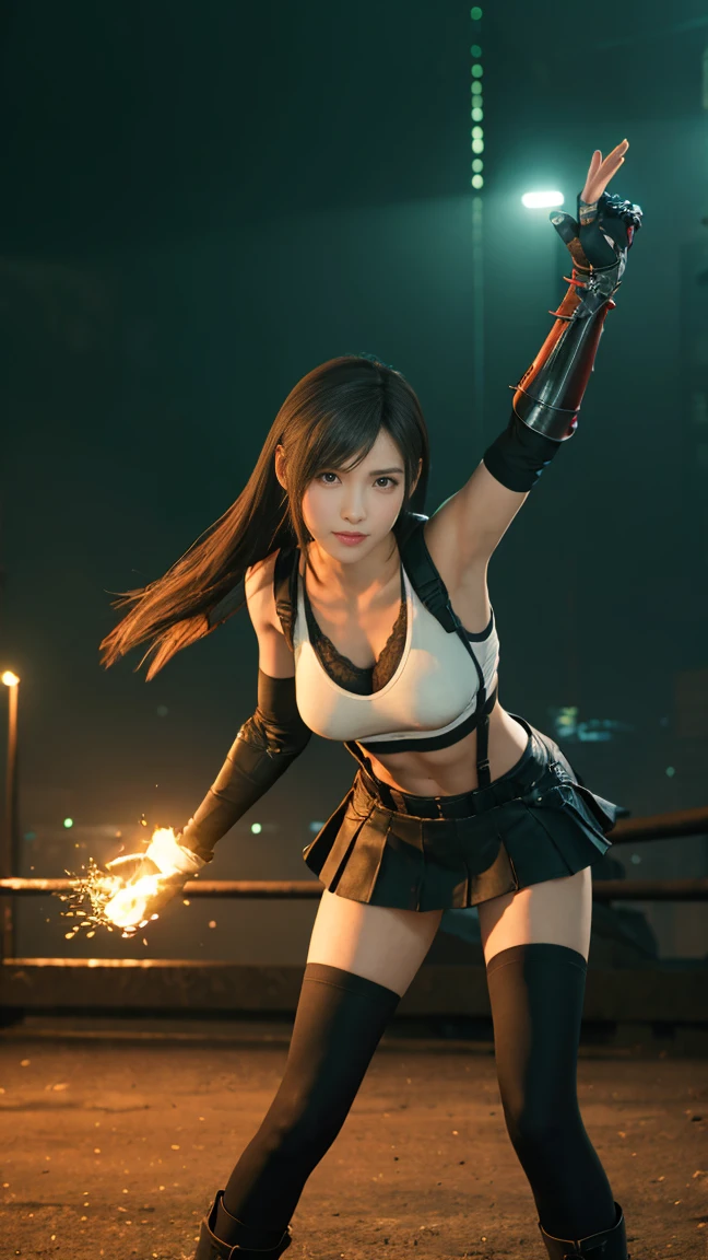 ((Master quality, 8K, masterpiece:1.3, ultra-detailed, high resolution, RAW Photos, detailed , blurry, Actual, hyper realistic, photo, HDR)), BREAK, perfect anatomy, perfect hands, perfect legs, perfect feet, detailed eyes, BREAK, One person alone, ff7r style, tifa lockhart,, beautiful face, beautiful detailed eyes, (dynamic posing ), long hair, ( Round and Stacked Breasts ), Cleavage, Slim waist, seductive smile:1.5, Sweat-soaked skin, BREAK, wearing( ), , Graffiti art, BREAK, ( Random Angle, full-body, ), dynamic angle, , background(Realistic , cinematic lighting, depth of field, night , the full moon,, cyberpunk city atmosphere light particles, , )