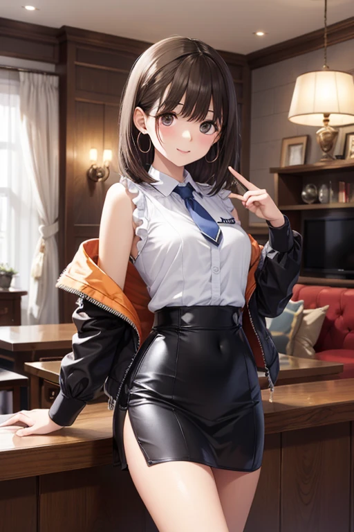 (solo), (1 skinny girl), Agnes Tachyon, uma-musume, brown short hair, brown tail, BREAK, (skinny), short torso, (very skinny legs:1.3), (large breasts), skinny small hip, skinny thighs, BREAK, (unbuttoned black collared shirts:1.2), cleavage, tight-fit pencil skirt, BREAK, forced smile, orgasm, (nsfw:0.6), pussy juice