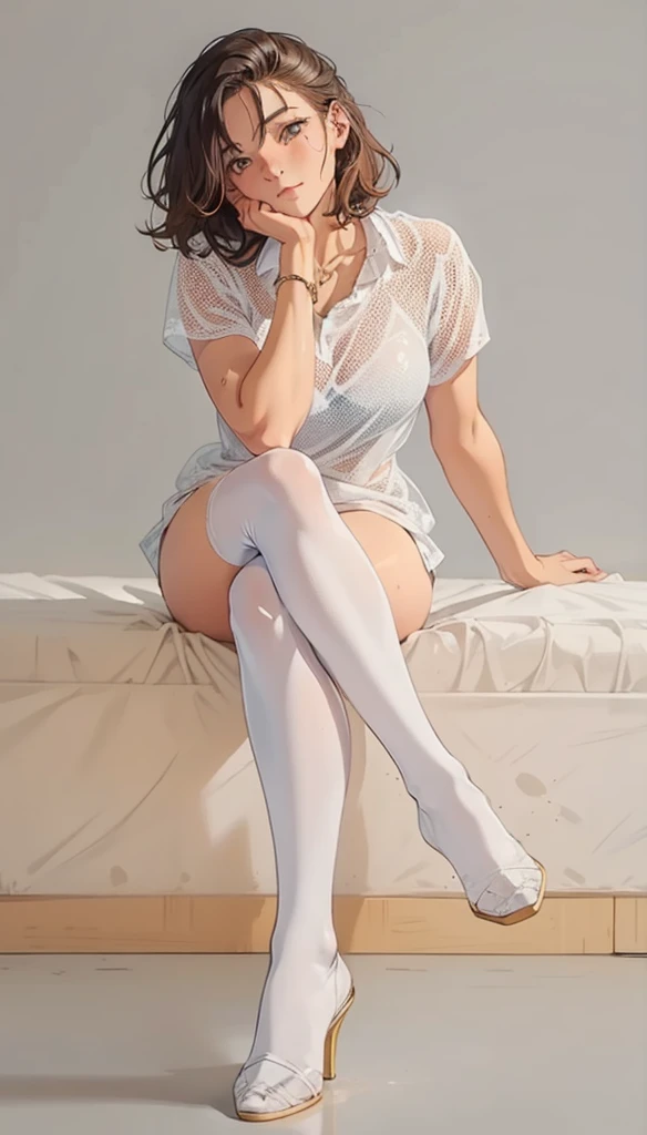 (depicting a single moment from a video for adults), (various patterned feminine casual dress), ((round face, eyes with realistic sizing, drooping eyes, blush, sweat, shame smile, thin lips, spread her legs)), (((standing to hit her crotch the corner of the table, orgasm))), open mouth, braid, outside