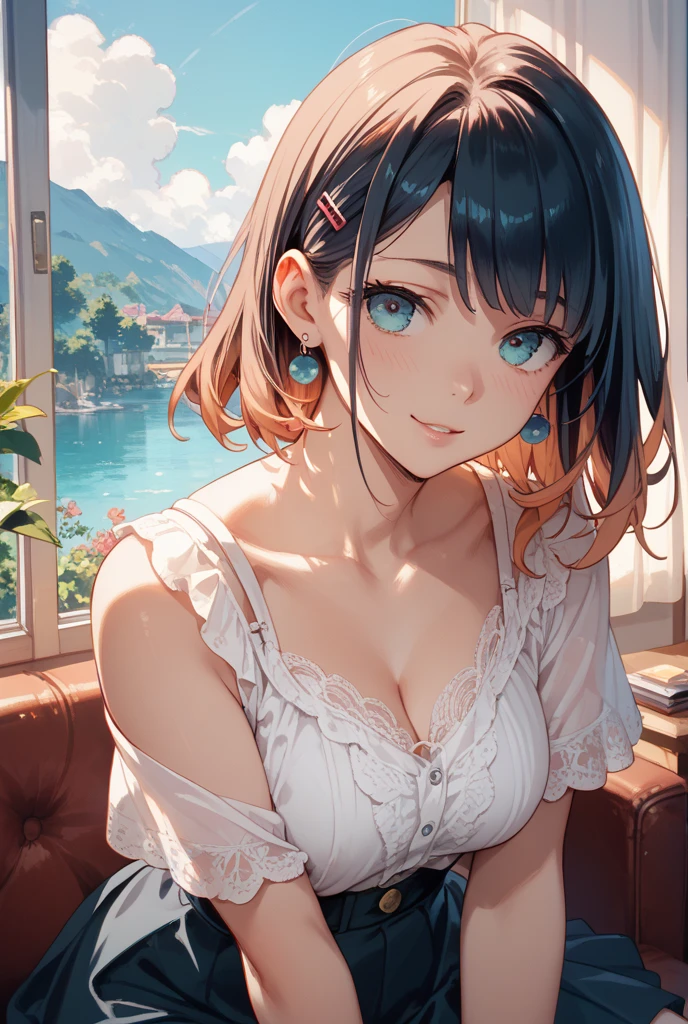 (Highest quality:1.4、masterpiece:1.4、Super detailed:1.4、8K:1.4)、F cup bust、Big Breasts、Slim body、Very white beautiful skin、((((1 person、Surprised expression、sit、Chair、In the background are the urban buildings of Tokyo、looking at the camera、Outdoor café terrace、coastal、Navy hair color、juice、Shooting up close、table、Very cute face))))、(Pose of putting hair behind ears with hands:1.4）、((nude、Areola、bikini size too small))、Very blue sky、A completely cloudless sky