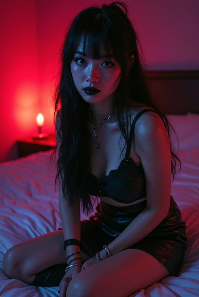 Emo girl lingerie, on top of the bed on all fours