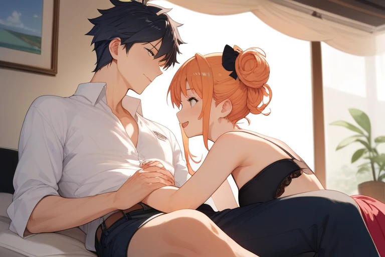 black hair, short hair, brown eyes, hair between eyes, ash ketchum, in jeans, shirtless, black t-shirt, laying in bed misty, Pokémon, orange hair, green eyes, side ponytail, yellow tank top, red suspenders, blue jeans shorts, she's sitting on his pelvis a beautiful photography of a 18 years old, couple, she's taking his t-shirt off, pulling his t-shirt up showing his abs, pulling his jeans down showing his crotch, her hand in on his chest, looking at each other