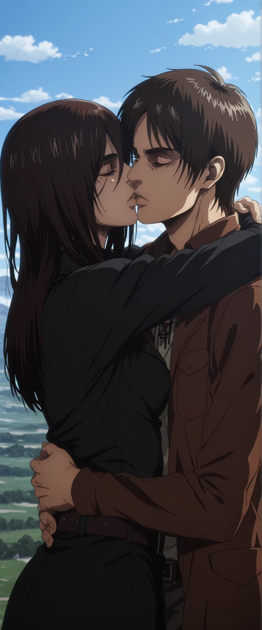 Mikasa Ackerman x Eren Yeager deep Kiss, Long hair, sky background.