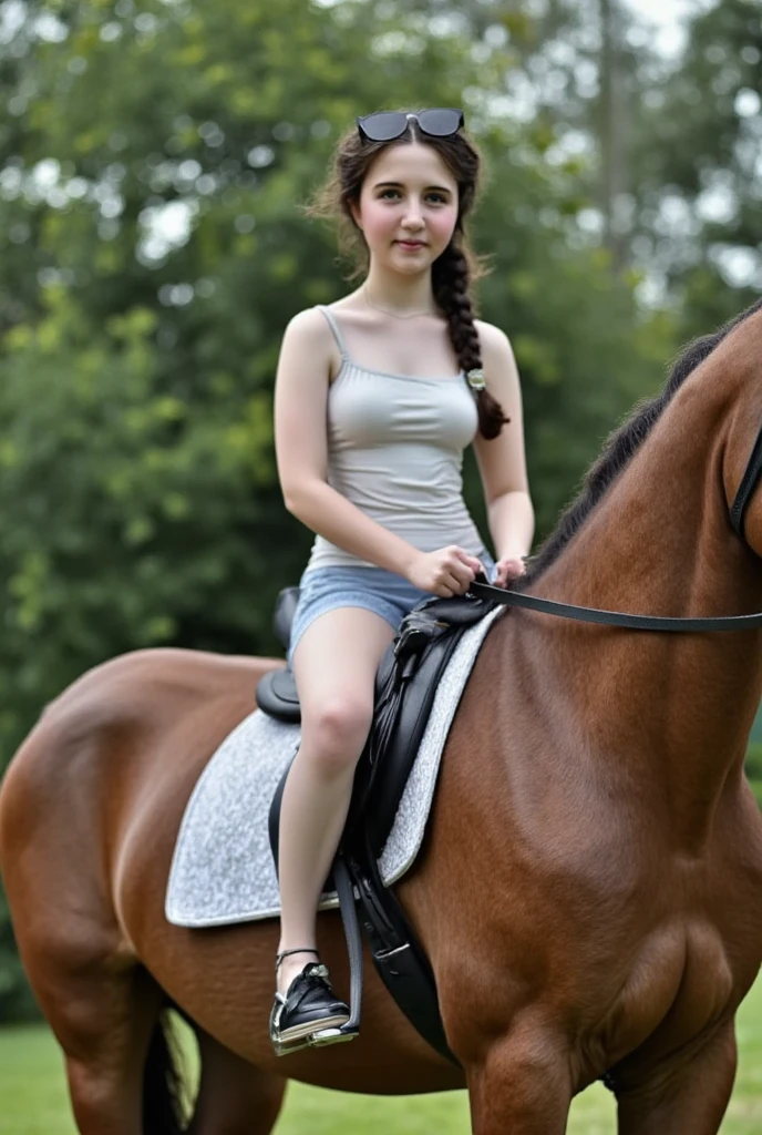 beautiful 14 years old girl, women's horse riding outfit, blue eyes, 1m65, 45kg, forest