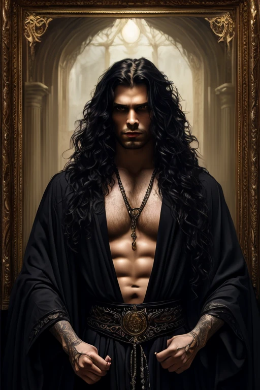 

Tall male in the age range of 25-40, with long, dark and wavy hair, and a strong athletic  physique. Fair skin, athletic build, and pale or white colored eyes. Extremely sexy and hot, attractive. A black and gold velvet outfit, although not very protective, probably expensive-looking, with a permanent and thick black shadow aura surrounding him. The aura is very strong and people can touch it. 